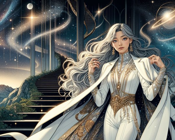 Mystical Figure at Staircase Surrounded by Cosmos