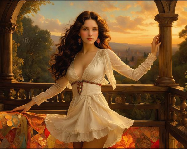 Woman in White Dress on Balcony at Sunset View