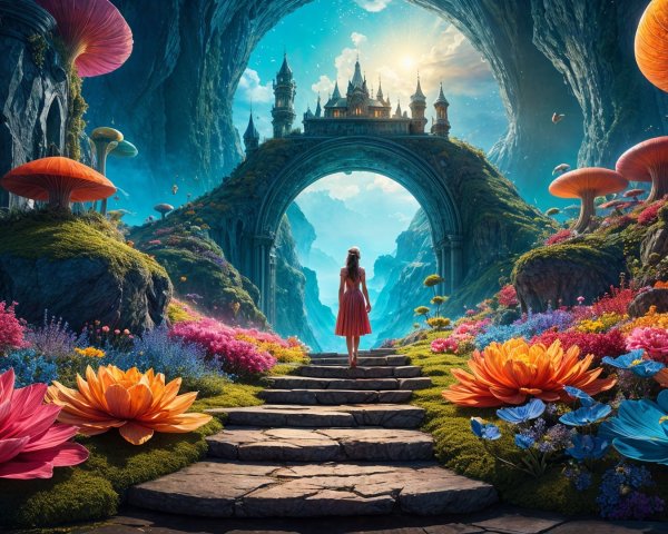 Vibrant Fantasy Scene with Castle and Lush Flora