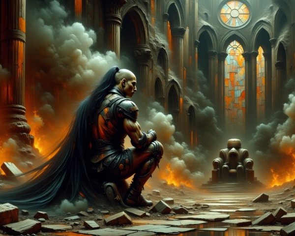 Lone Warrior in Ruined Hall Surrounded by Smoke