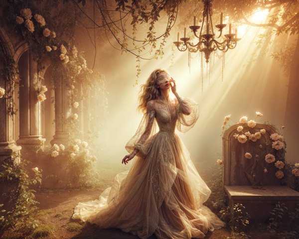Enchanted garden with a woman in a vintage gown