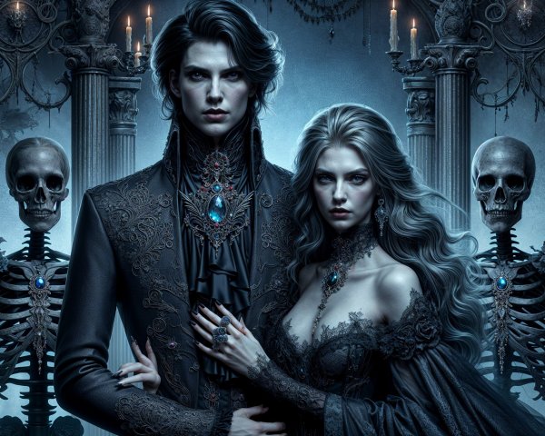 Gothic Scene with Darkly Dressed Couple and Skeletal Figures