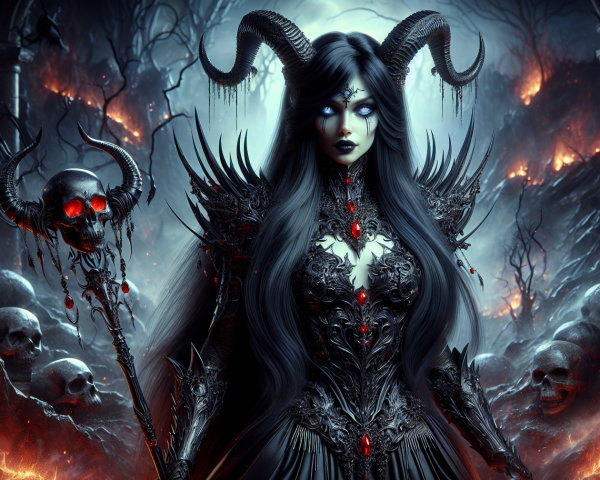 Dark Sorceress in Fiery Landscape with Ruins and Skulls