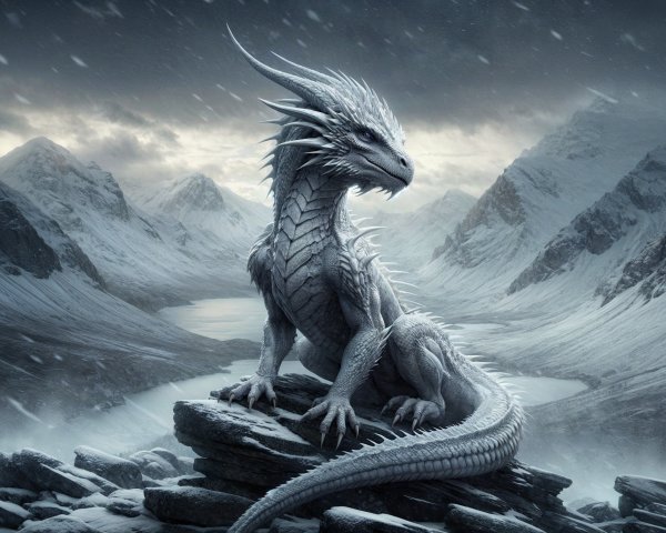 Majestic ice dragon on rugged rocks under snowy sky