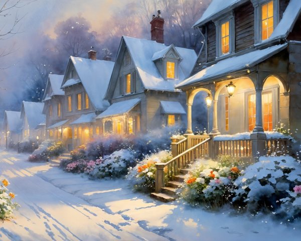 Charming Snow-Covered Houses in a Winter Landscape