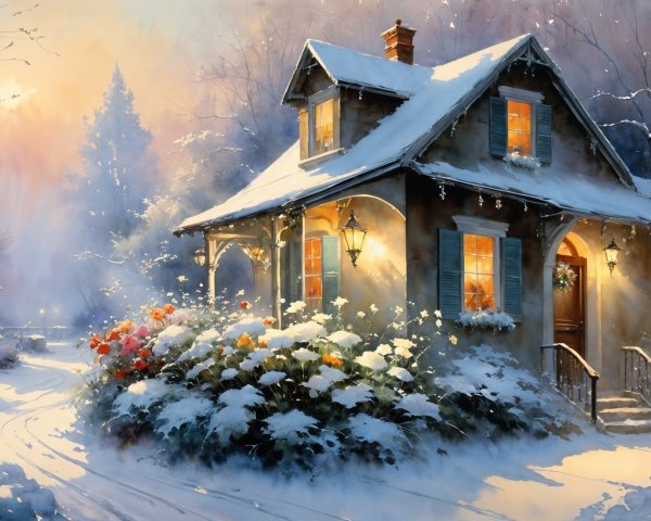 Charming Cottage in a Snowy Winter Landscape