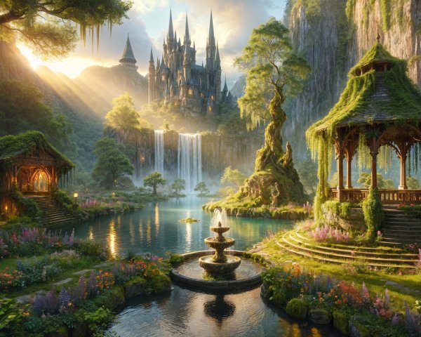 Serene Fantasy Landscape with Castle and Lake