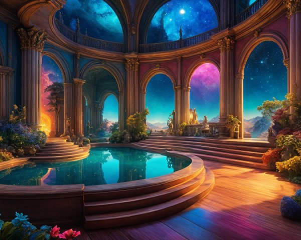Opulent Hall Overlooking a Tranquil Pool at Sunset