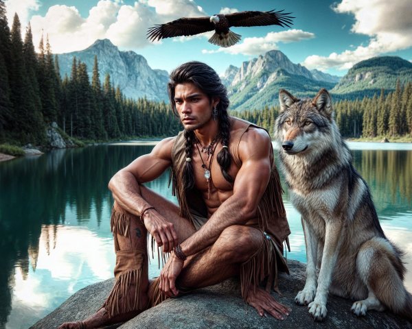 Muscular Man and Wolf by Serene Lake with Mountains
