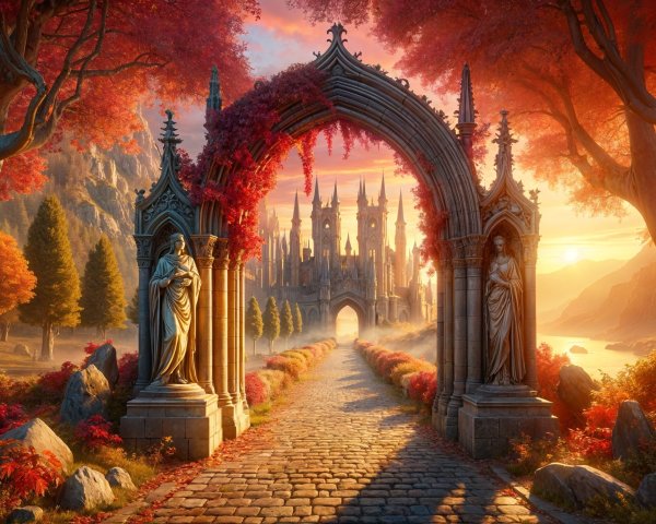 Grand Archway with Stone Statues and Autumn Foliage