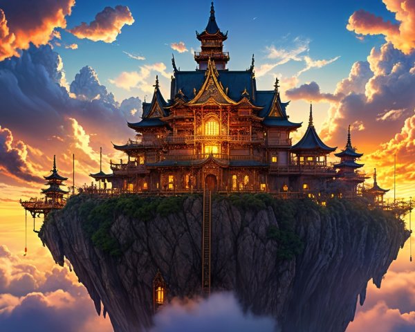Majestic Floating Palace on a Rugged Cliff at Sunset