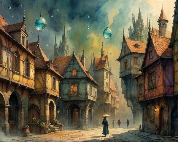 Charming Medieval Village with Floating Orbs and Mist