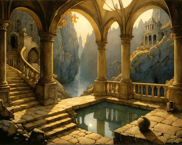 Mystical Landscape with Stone Terrace and Castle