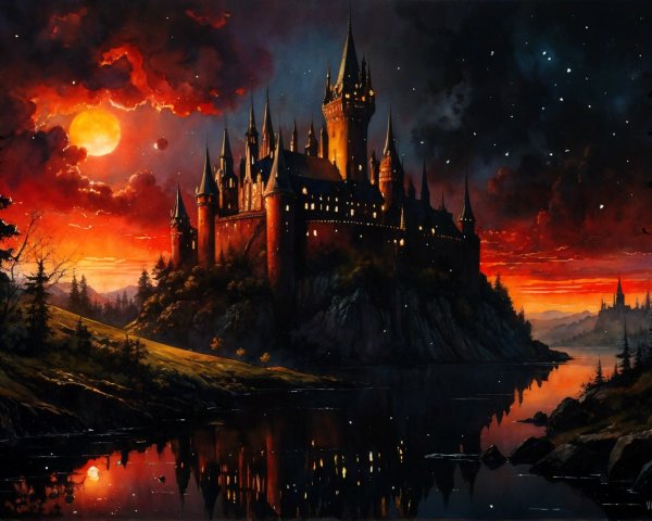 Castle on a Hill Under Sunset and Twilight Sky