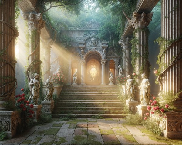 Overgrown courtyard with carved columns and statues