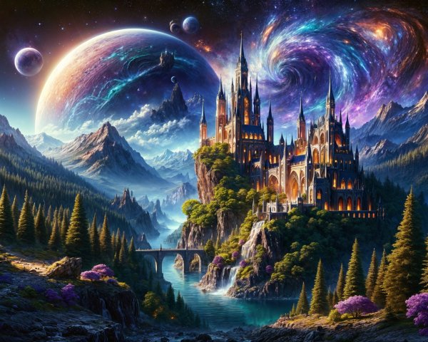 Majestic castle on a hillside with cosmic backdrop