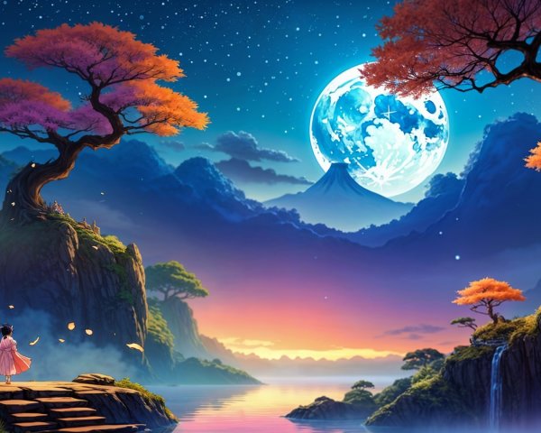 Twilight Landscape with Young Girl and Autumn Trees