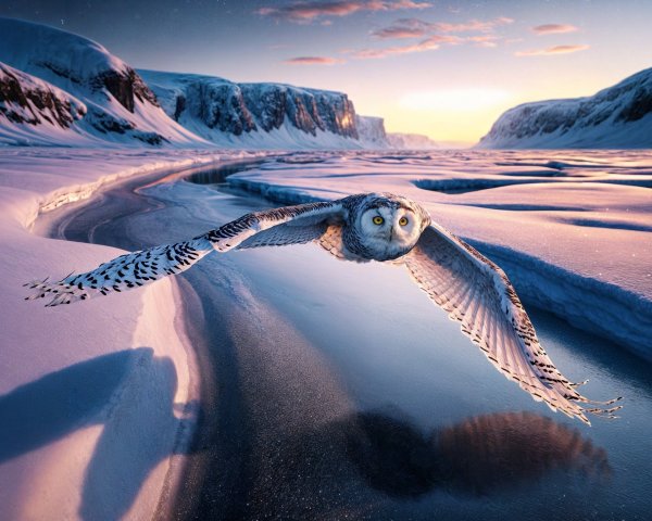 Owl in Flight Over Icy Landscape at Twilight