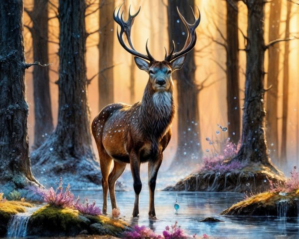 Majestic stag in misty forest with serene pool