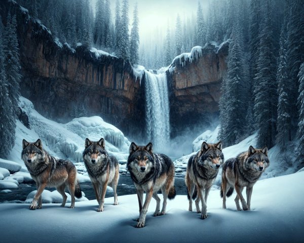 Wolves in a Snowy Landscape with Evergreen Trees