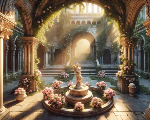 Sunlit Courtyard with Fountain and Lush Greenery
