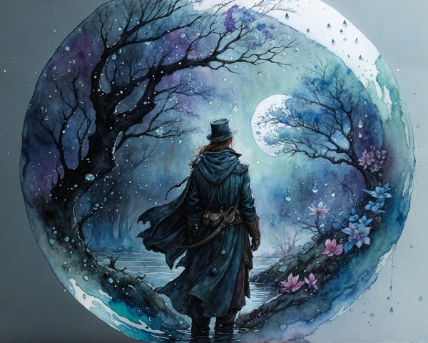 Mysterious Figure by Moonlit Pond with Watercolor Effects