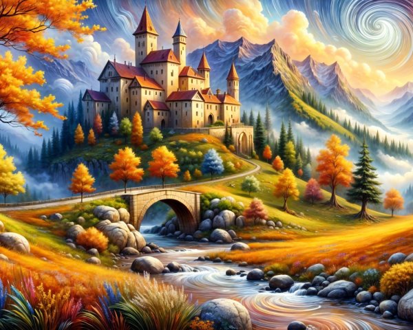 Vibrant Castle Landscape with Autumn Foliage and River