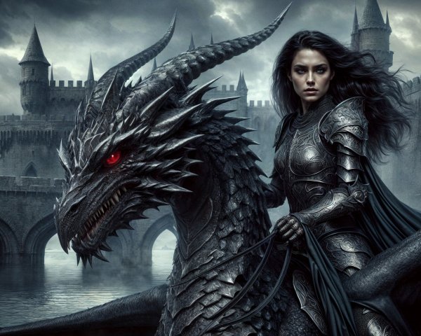 Fierce warrior woman on black dragon in epic fantasy setting