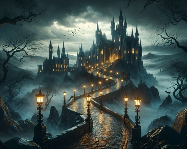 Dark Atmospheric Landscape with Towering Castle and Mist