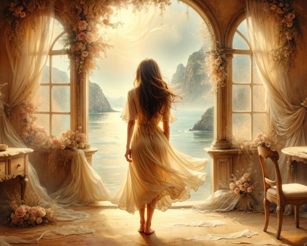 Serene Room with Young Woman and Tranquil Lake View