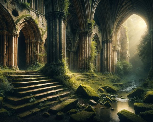 Ancient Overgrown Ruin with Stone Arches and Columns