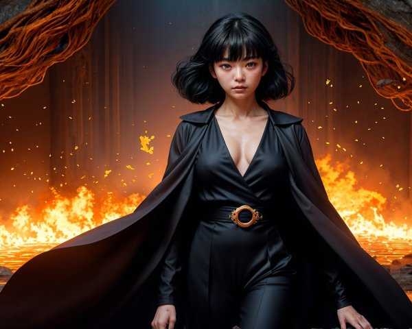 Figure in Black Outfit Against Fiery Background