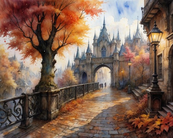 Fantasy Street with Autumn Leaves and Majestic Castle