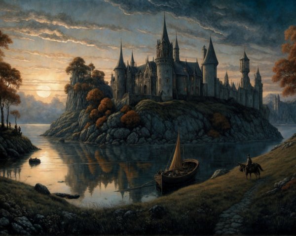 Castle on Rocky Island at Sunset with Autumn Trees