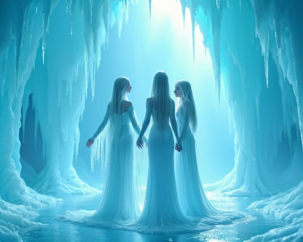 Ethereal Figures in a Mystical Ice Cave Scene