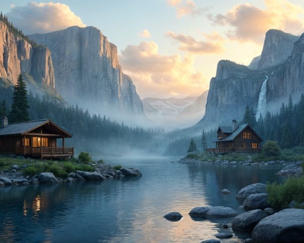 Serene Landscape with Cabins by a Tranquil River