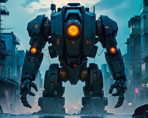 Towering Robot in Dimly Lit Urban Street Scene