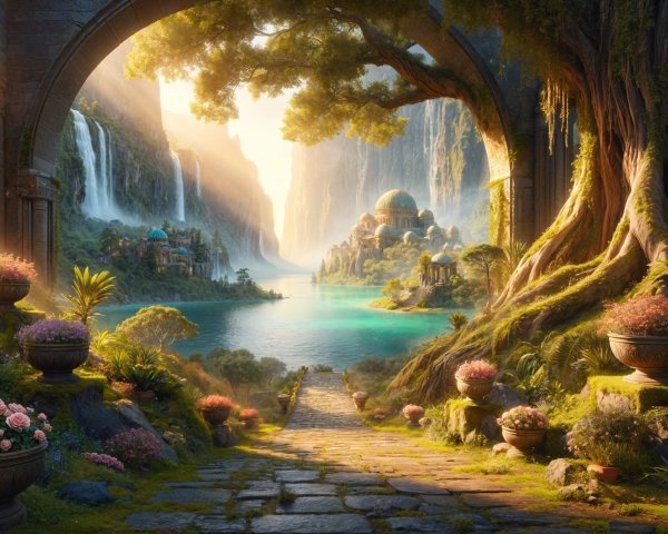 Serene Landscape with Waterfalls and Lush Greenery