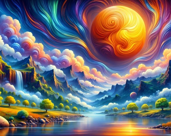 Surreal Landscape with Waterfalls and Colorful Sky