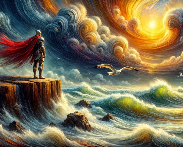 Armored Knight Overlooking Sunset on Rocky Cliff