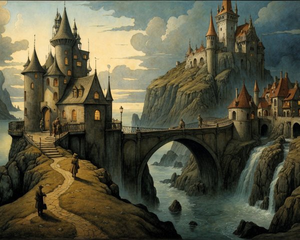 Gothic Castle Landscape with Village and Waterfall