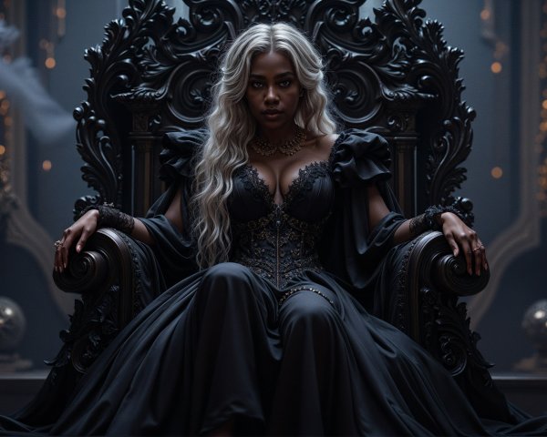 Regal Figure on Ornate Throne in Dark Atmosphere