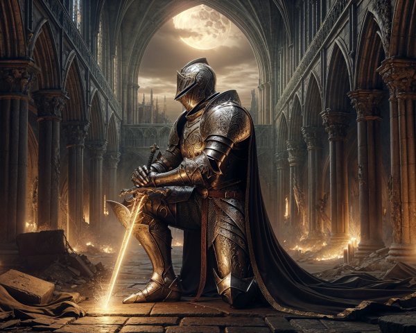 Lone Knight in Ornate Armor in Dimly Lit Cathedral
