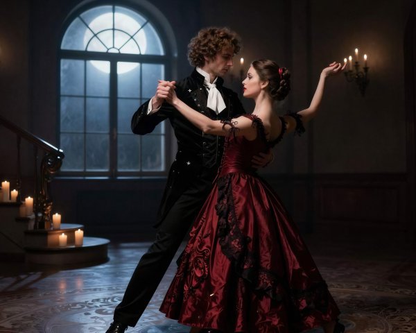 Couple Dancing in Vintage Attire in Candlelit Room