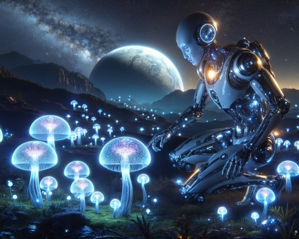 Humanoid Robot Examining Luminous Mushrooms in Alien Landscape
