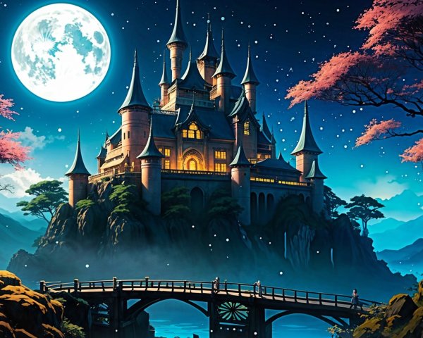 Whimsical Castle Under Moonlit Night Sky