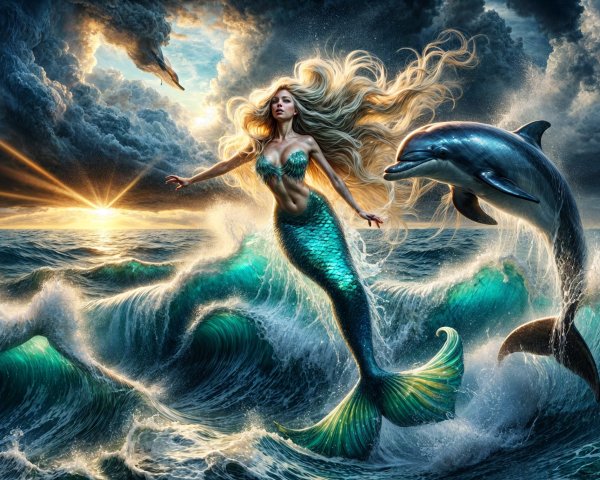 Mermaid with Golden Hair Swimming in Ocean Waves