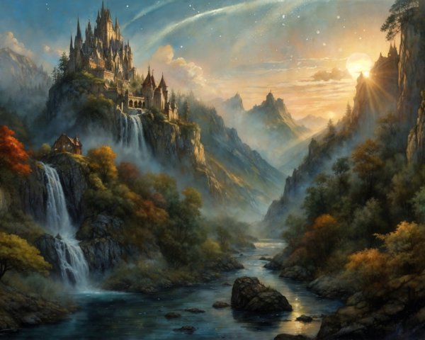 Majestic castle on a hill with serene landscapes and waterfalls