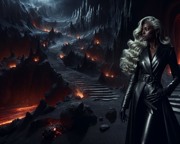 Mysterious Figure in Fiery Landscape with Lava Flows