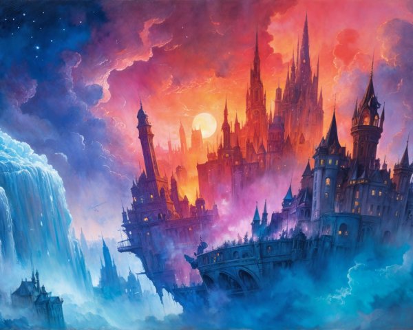 Majestic castle with vibrant sunset and waterfalls